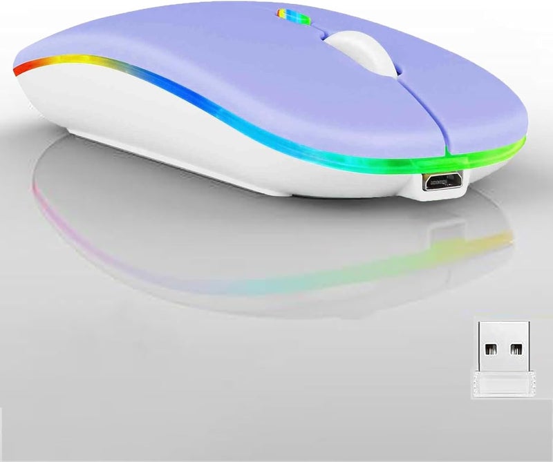 Guiheng Wireless Bluetooth Mouse,LED Dual Mode Rechargeable Silent Slim Laptop Mouse,Portable(BT5.2+USB Receiver) Dual Mode Computer Mice,for Laptop,Desktop Computer,ipad Tablet,Phone,Mac(Purple) - Image 1
